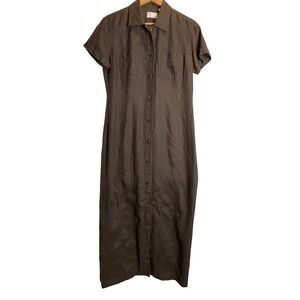 Preview Collections Maxi Shirt Dress 100% Linen Brown Short Sleaves Button‎ Up 8